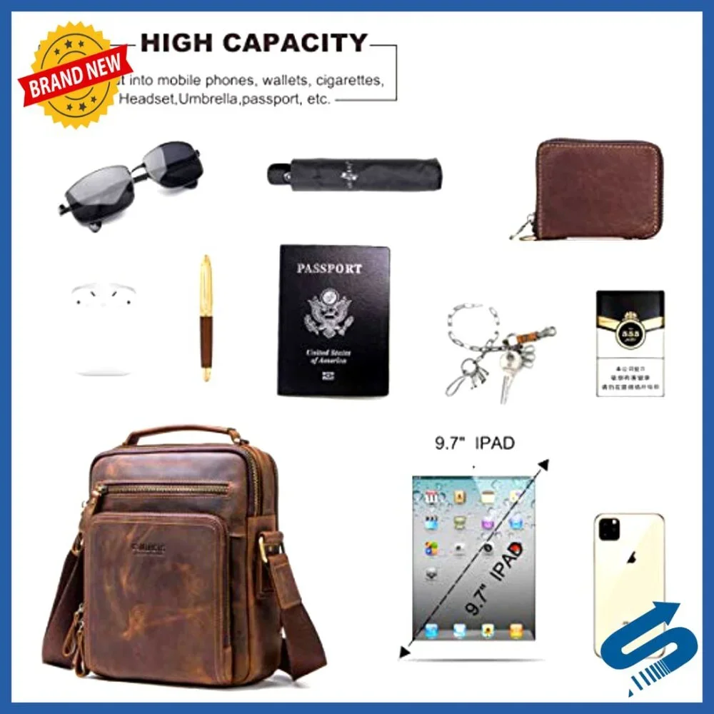 Crazy Horse Leather Messenger Bag for iPad, Crossbody Briefcase